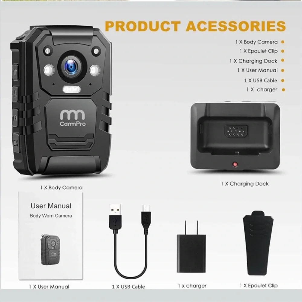 1296P HD Police Body Camera,64G Memory,CammPro I826 Premium Portable Body Camera